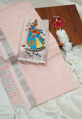 Melon peach - Fancy Cotton Saree with indian tribal woman embroidery Blouse